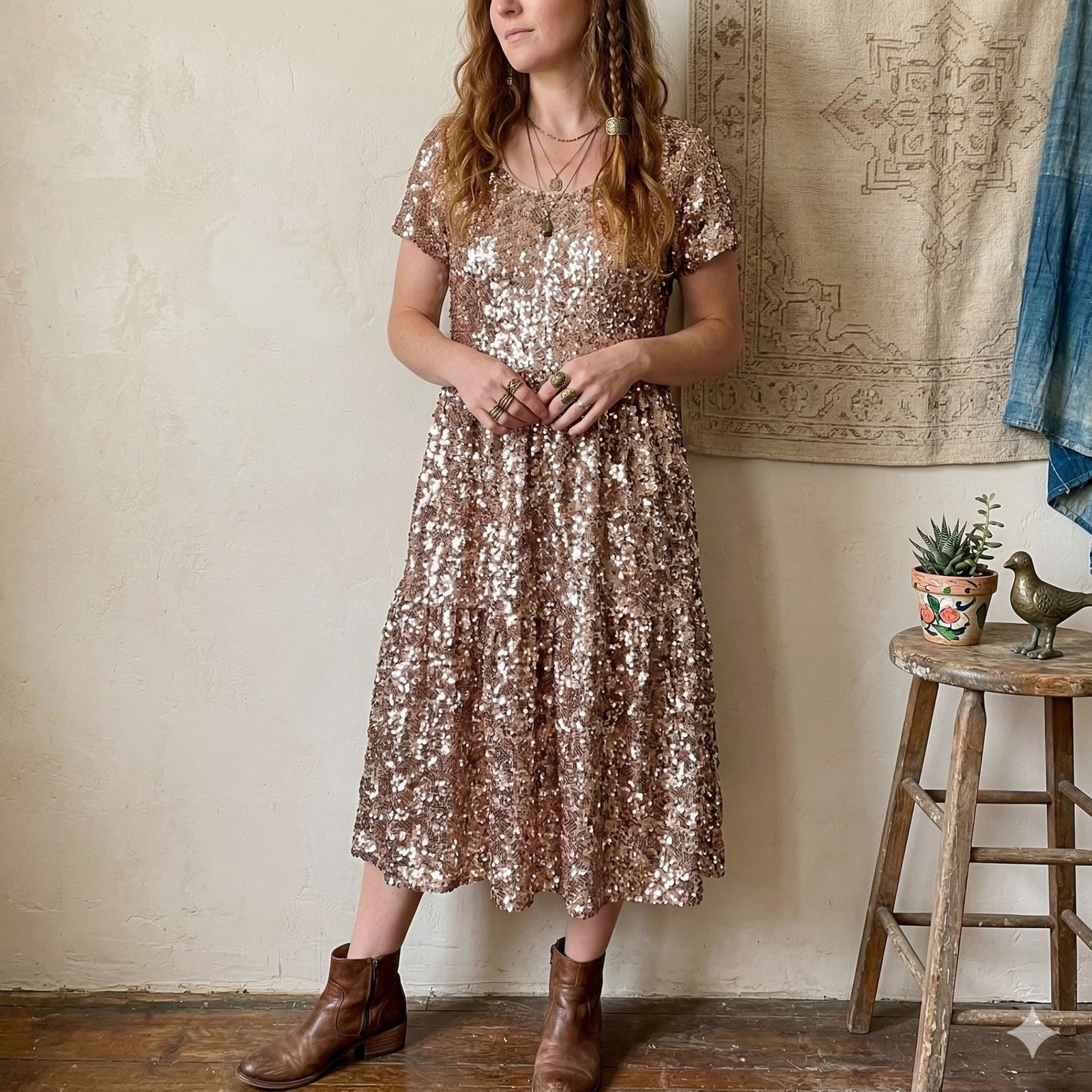 Anthropologie Maeve Bernadette Dress Women Medium Rose Gold Sequin Tiered Midi